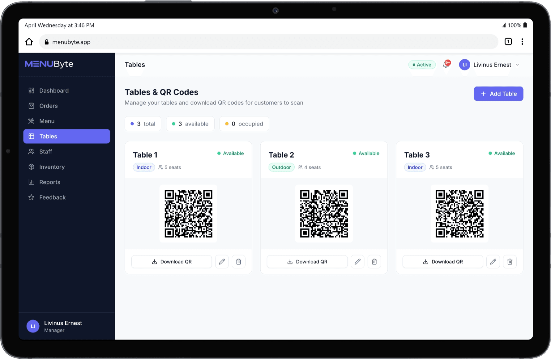 MenuByte QR codes on tablet