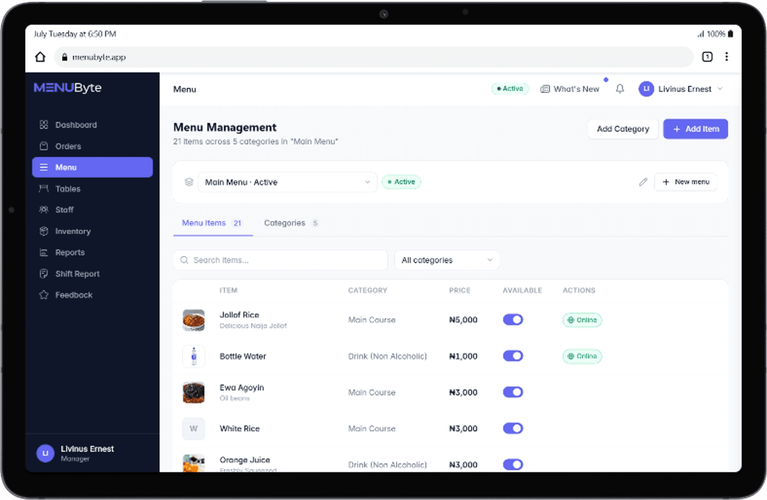MenuByte menu management screen showing live menu items, categories and Naira prices