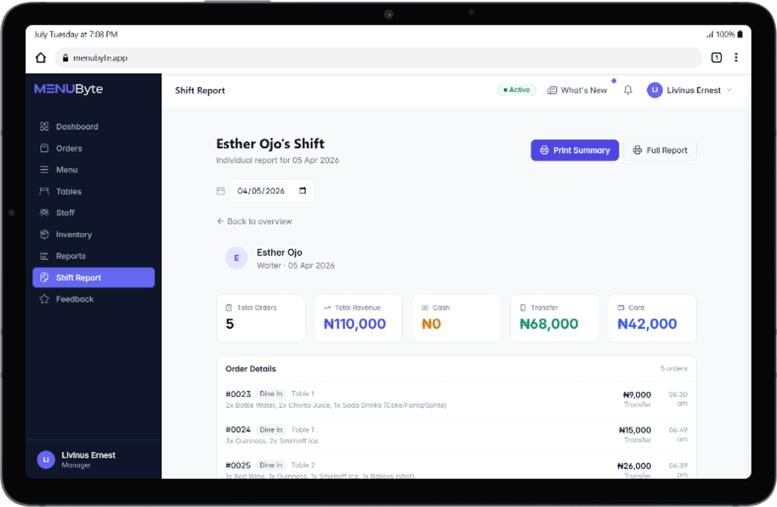 MenuByte shift report showing cash, card and transfer totals against sales