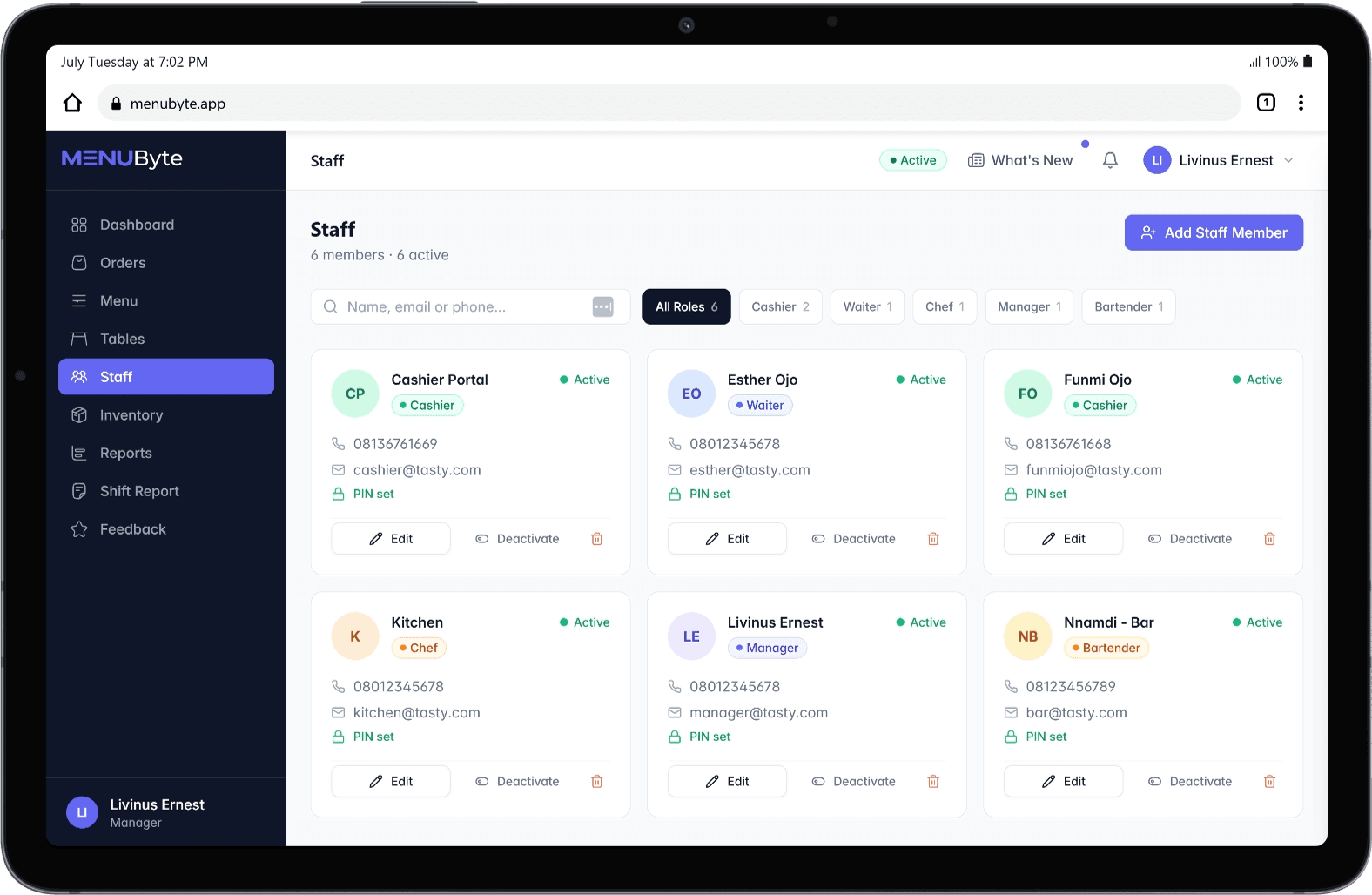 MenuByte staff management screen showing staff accounts with roles and permissions